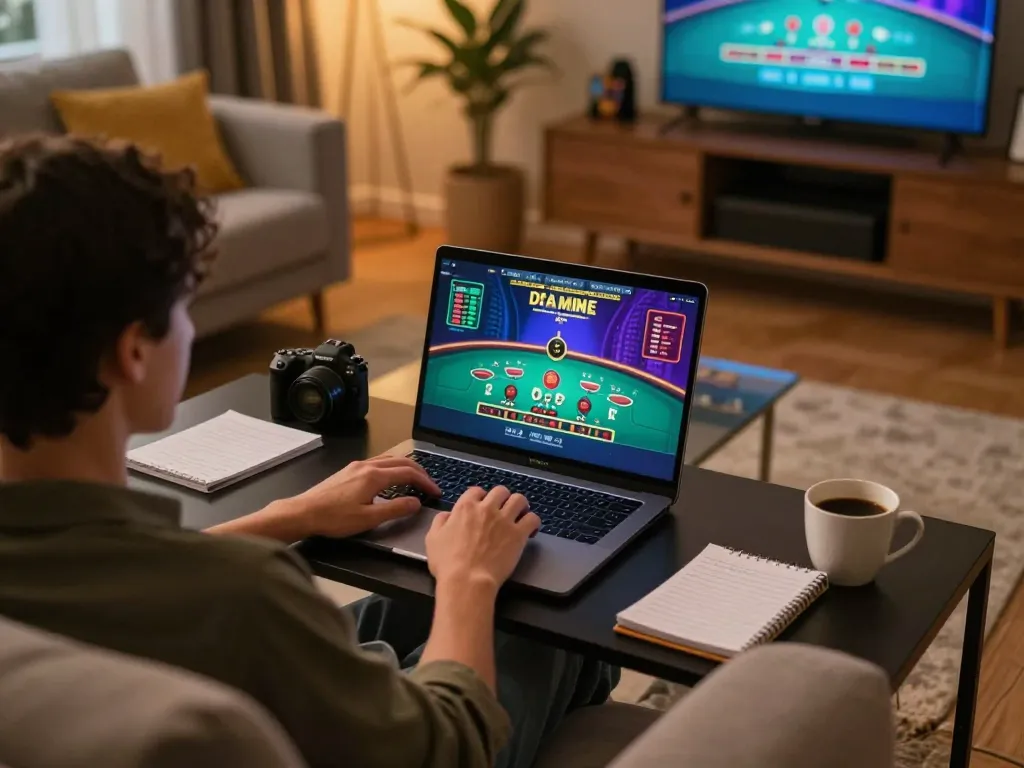 Player enjoying a live dealer blackjack on fly888x from a cozy home setup with strategic notes
