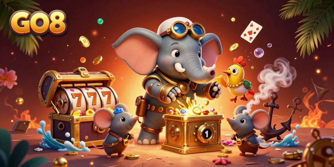 Spin the GO8 slot machine with a steampunk elephant engineer amid treasure and vibrant casino elements.