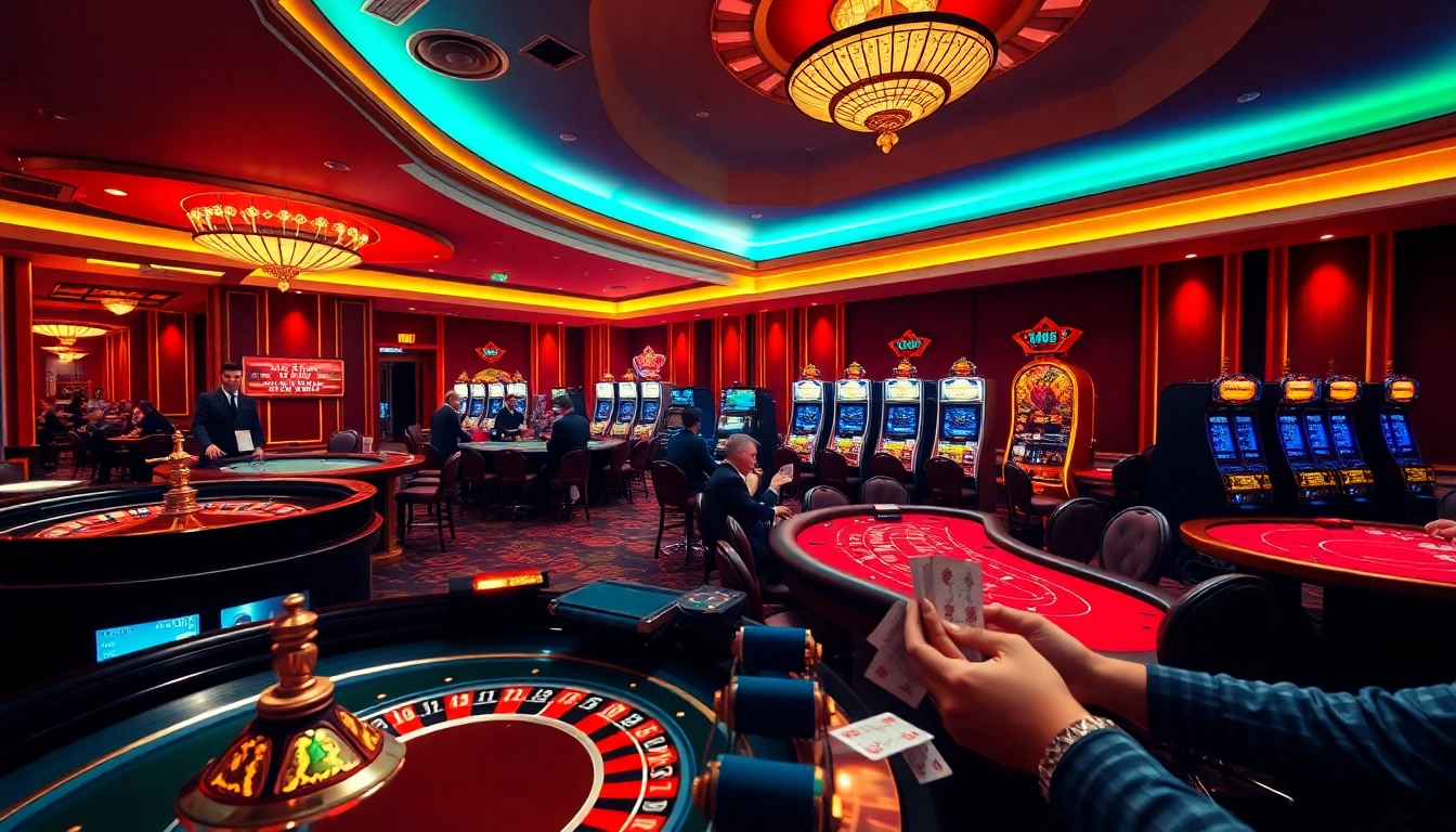 Gamblers enjoy exciting games at UU88 casino, featuring roulette and vibrant slot machines.