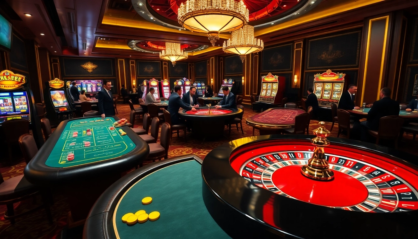 Players enjoy an exciting game at 789f casino with vibrant slot machines and poker tables.