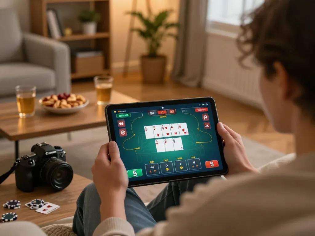 Engaging in online gambling at a cozy home setting with nhà cái uy tín interface on the tablet.