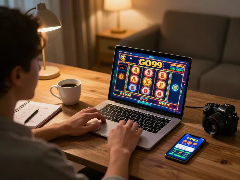 Player engaged in an online slot game at GO99, showcasing a vibrant gaming setup and strategy notes.