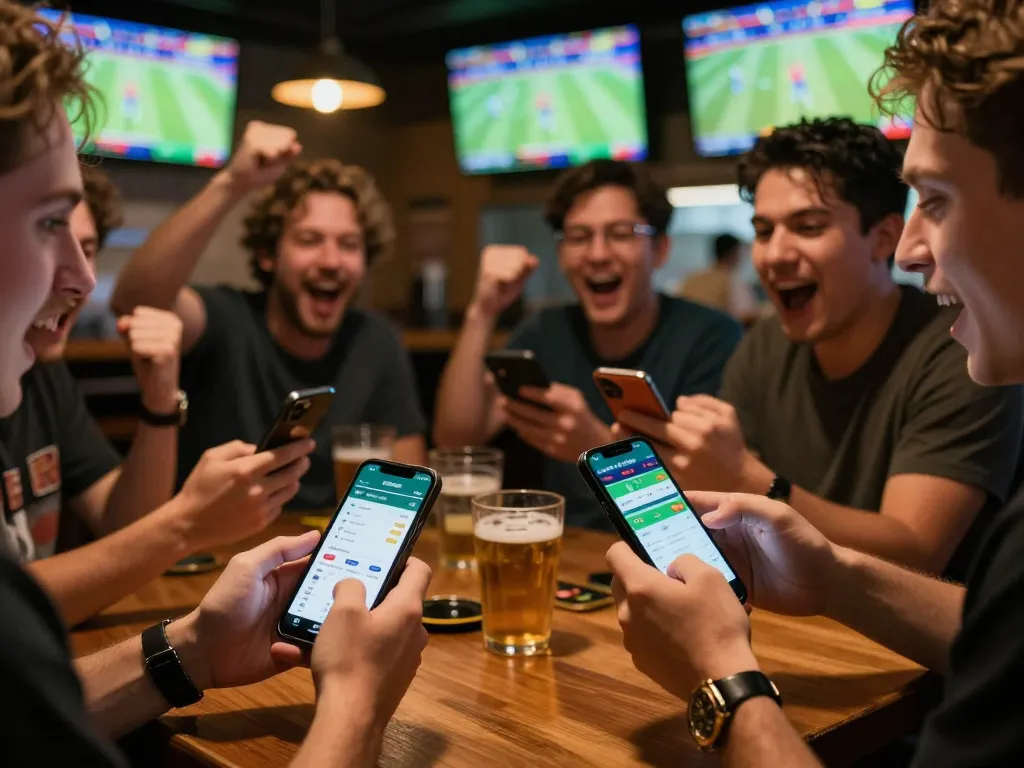 Bong88 users engaging in real-time sports betting at a busy bar, smartphones in hand, excited atmosphere