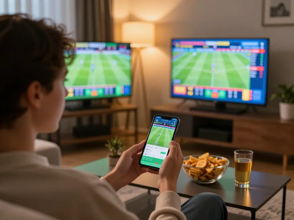 Engaging in football betting through a smartphone in a stylish living room with live matches displayed
