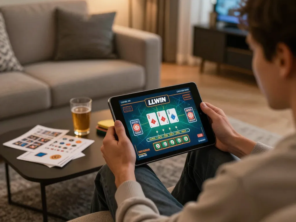 LLWIN player engaging in dynamic online casino gaming with clear cards displayed on tablet