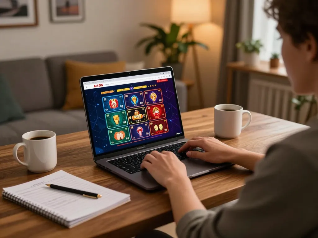 A person engaging with https://n188.build/ on their laptop, surrounded by gaming materials in a cozy home setup.