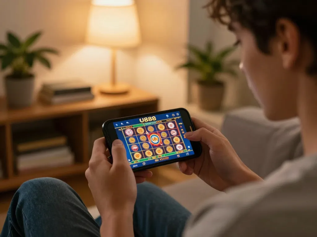 Player engaging with the U888 casino app on a smartphone while relaxing at home, showcasing an immersive gambling experience