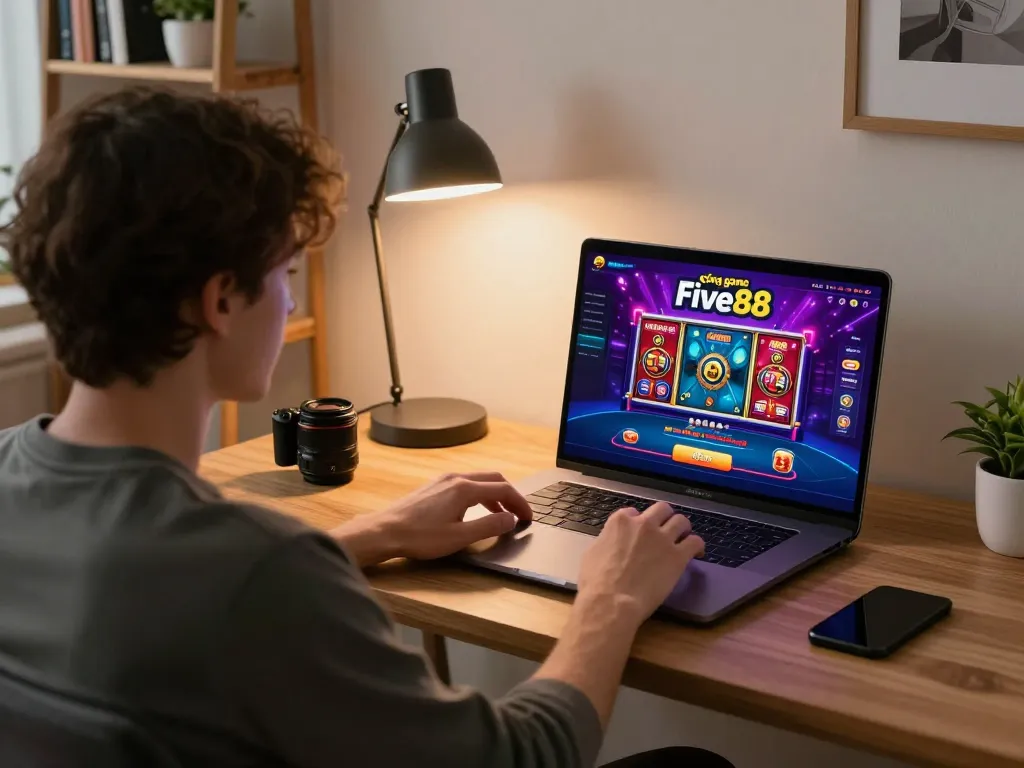 Cổng game Five88 displayed on a laptop during a relaxed home gaming session.