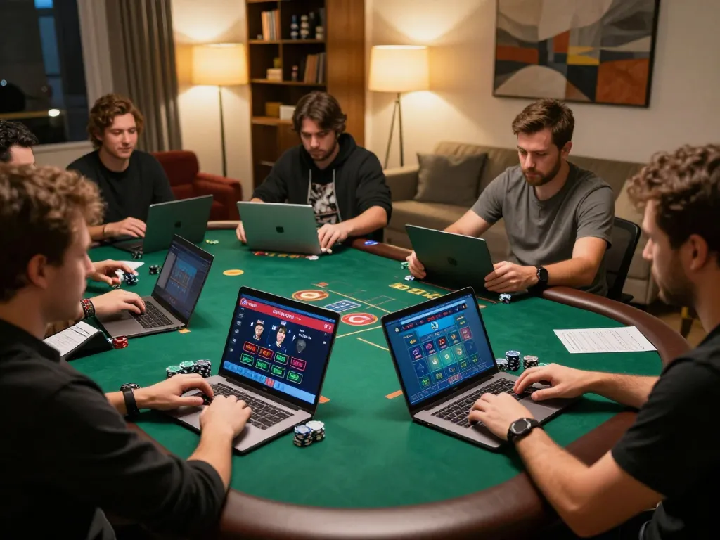 Twin68 gamers placing strategic bets during live dealer Blackjack session in a cozy home.