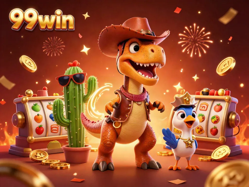 Experience exhilarating fun at 99win with animated slot reels and vibrant casino characters.