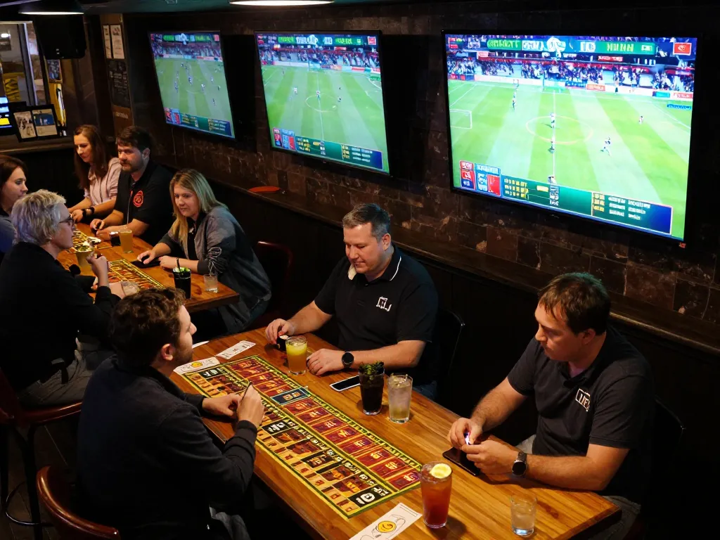 Patrons enjoying sports betting at TR88 sports bar, engaging with live games and betting slips.