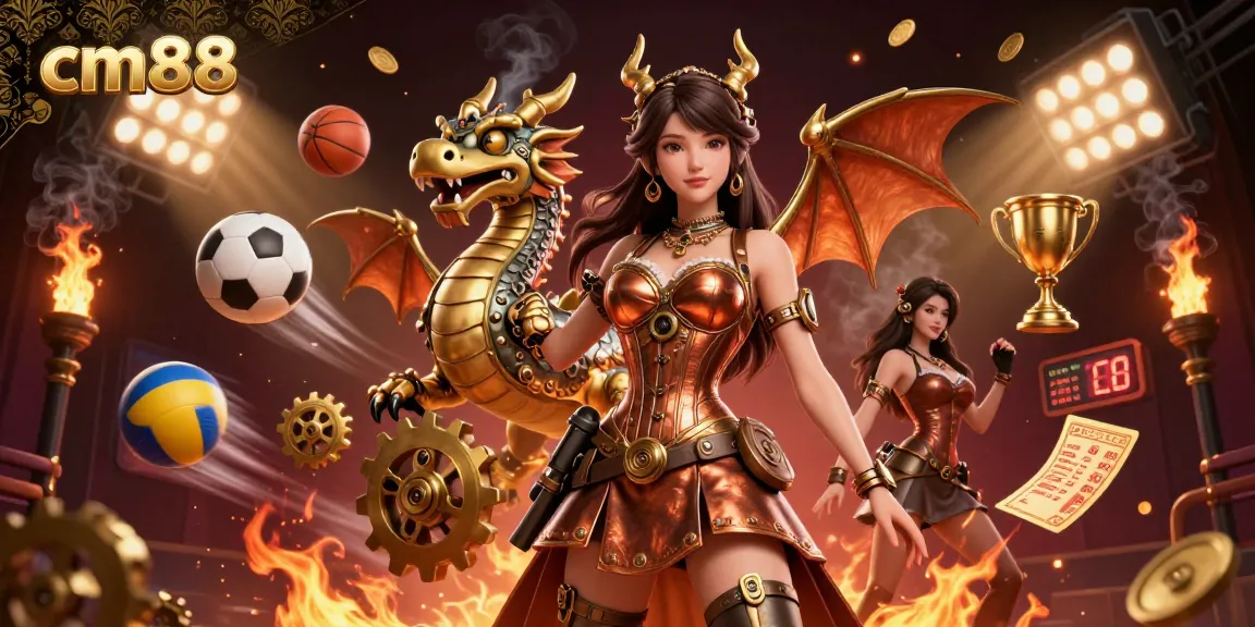 Win big with cm88 in a vibrant 3D casino scene showcasing sports elements and dynamic action.