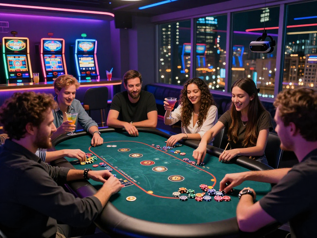 Dynamic crypto casino scene with friends playing digital poker and vibrant LED lights