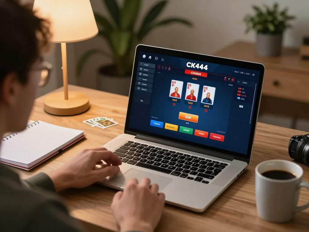 Player engaged with CK444 online casino on laptop, showcasing poker gameplay and strategic notes.