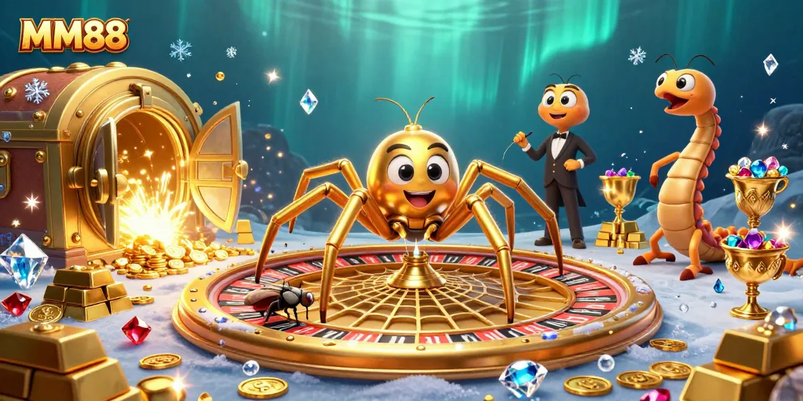Experience thrilling bets on MM88 with a golden spider spinning a roulette wheel web in this dynamic casino scene.