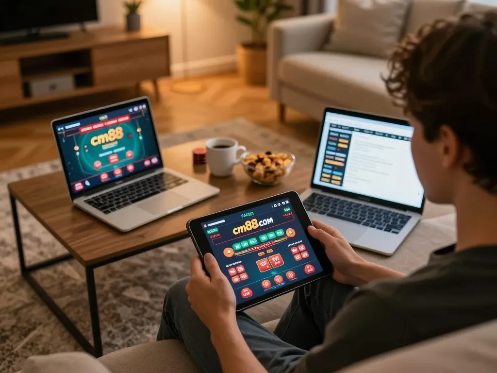 Engaging with the cm88com app on a tablet in a cozy home gaming setup