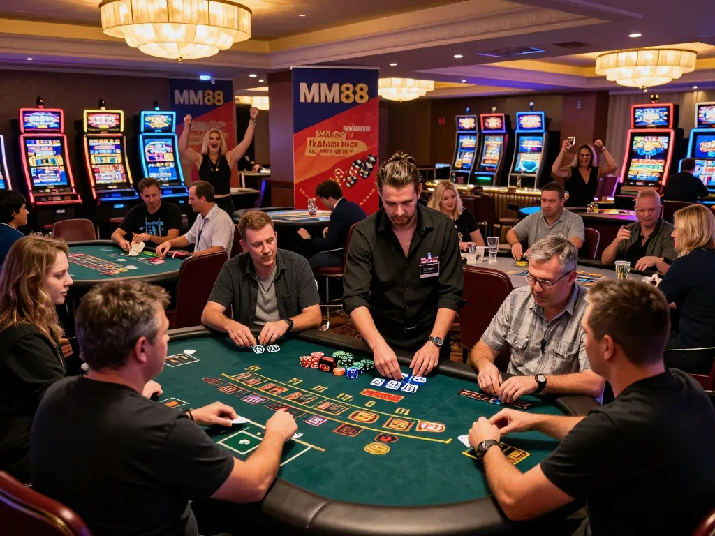 Players strategizing at a blackjack table in a lively MM88 casino environment, showcasing the thrill of gambling.