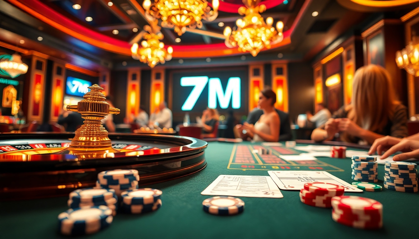 Experience the thrilling atmosphere of 7M casino with vibrant gaming tables and excited players.