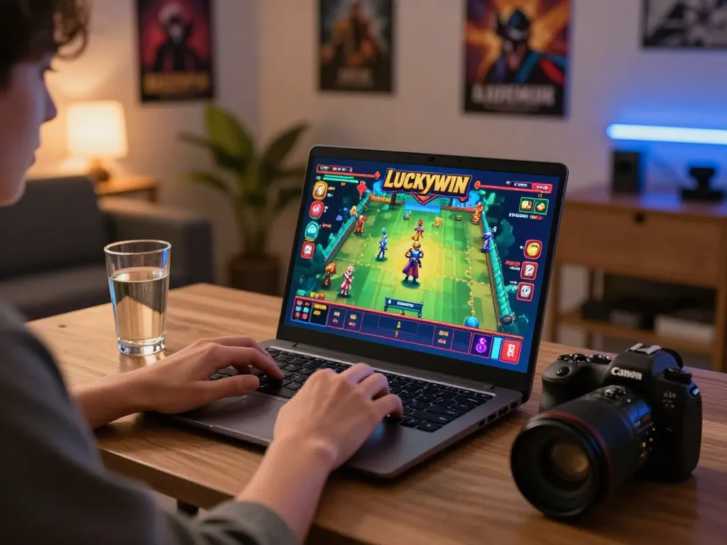 Playing engaging Luckywin games on a sleek laptop in a cozy home setup.