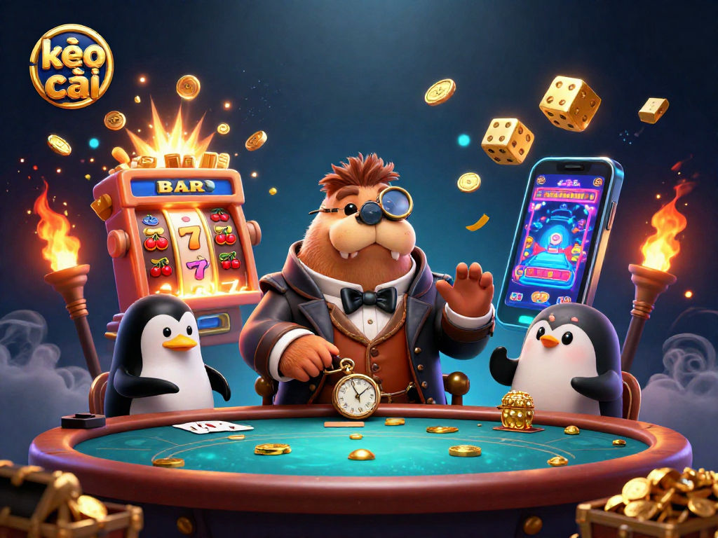 Kèo nhà cái features a jolly walrus playing poker at an underwater casino with vibrant graphics.