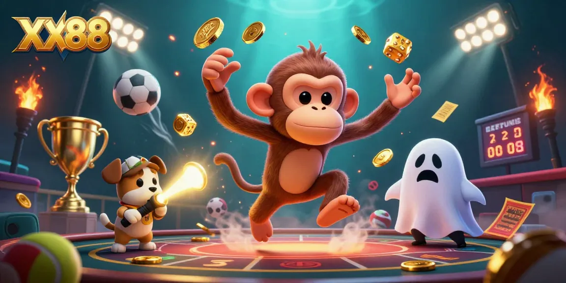 Experience the thrilling fast-paced action at XX88, where a poltergeist monkey juggles golden coins and cards.
