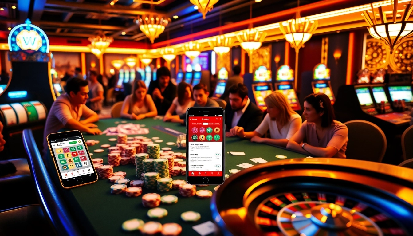 IWIN68 players enjoying vibrant online gaming with poker chips and slot machines.