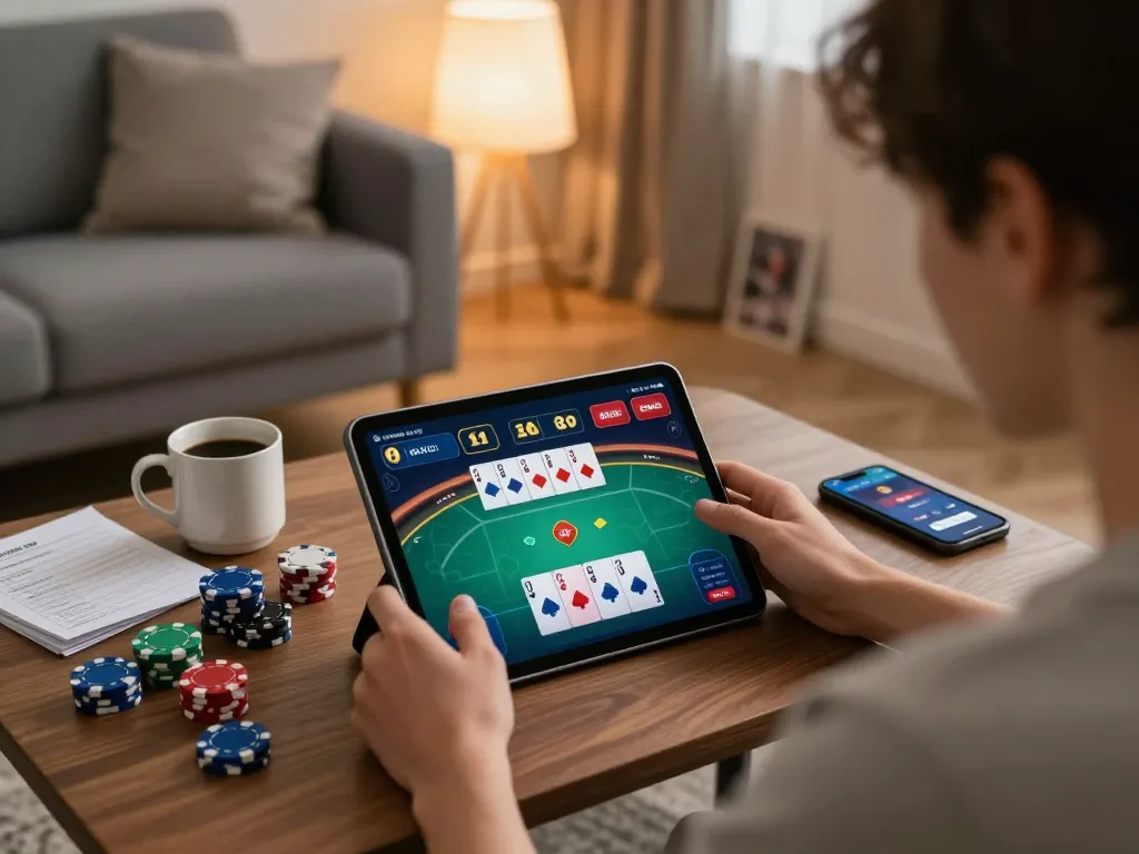 Engaging in a go8 poker game on a tablet in a cozy home setup, showcasing strategy and excitement.
