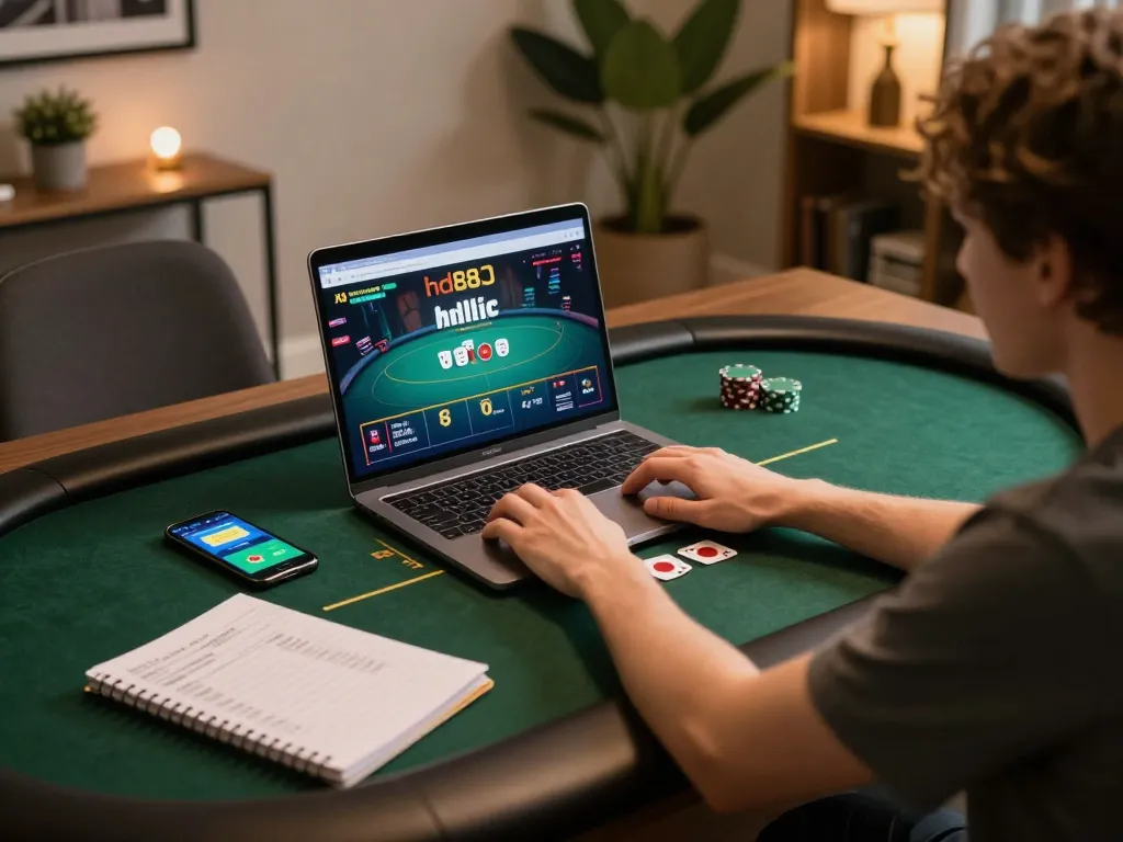 Engaging in online poker gaming with hd88 on a sleek laptop while tracking bankroll in cozy home setting