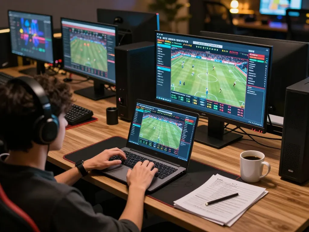 Engaging in sports betting with LLWIN TECH at a modern gaming setup, showcasing live odds and strategy.
