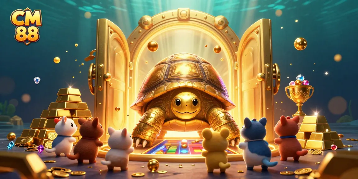 Enjoy the excitement of CM 88 as a colossal tortoise reveals treasures in a vibrant casino scene.