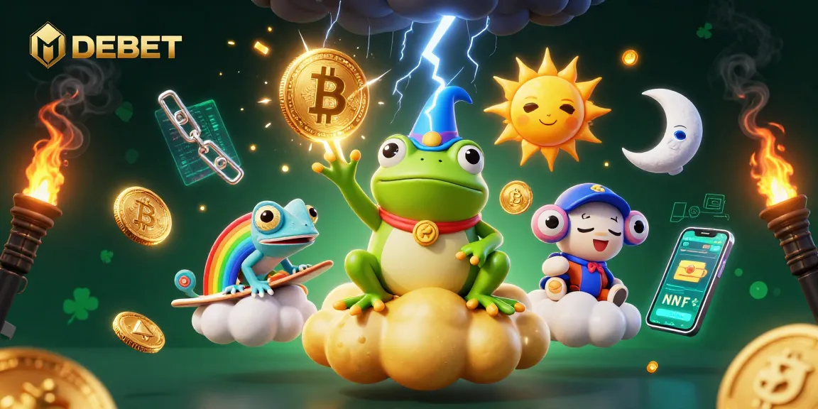 Join the DEBET adventure in a vibrant casino scene filled with crypto coins and magical creatures.