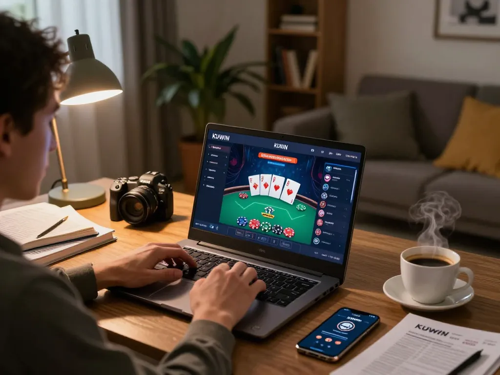 Kuwin player using a laptop for online casino gaming, demonstrating strategic betting actions.