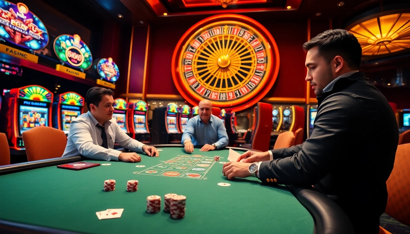 Exciting game of poker at 888b casino surrounded by vibrant slot machines and roulette wheel.