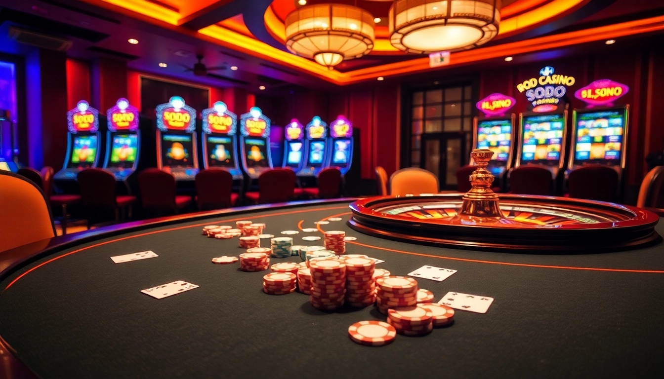 Players enjoying an exciting game at SODO CASINO highlighting a lively poker table and vibrant slot machines.