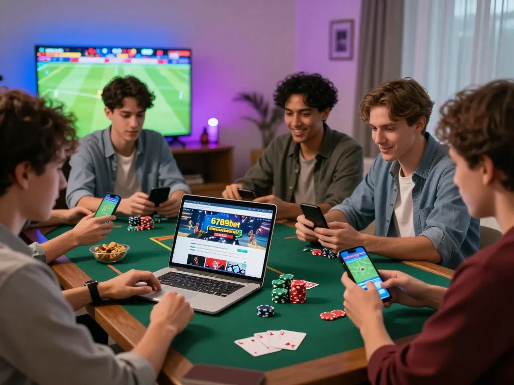 Friends enjoying an online betting session on 6789bet with live sports on TV.
