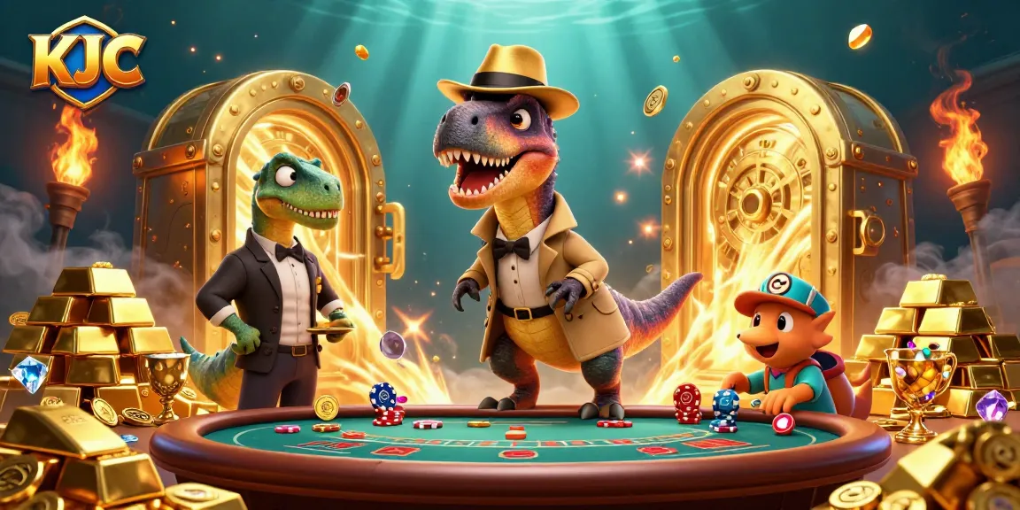 KJC velociraptor card counter sneaks chips at a vibrant casino scene filled with treasures.
