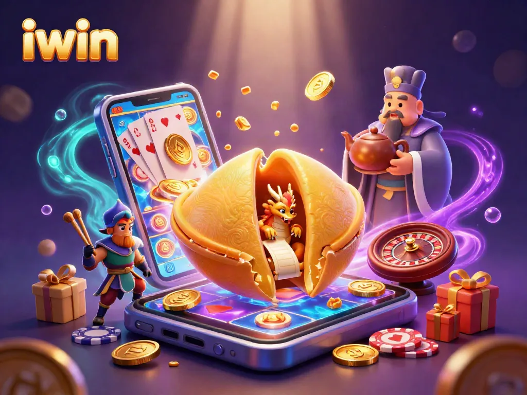 iwin gaming scene showcasing a golden cookie with characters, slot game, and casino elements