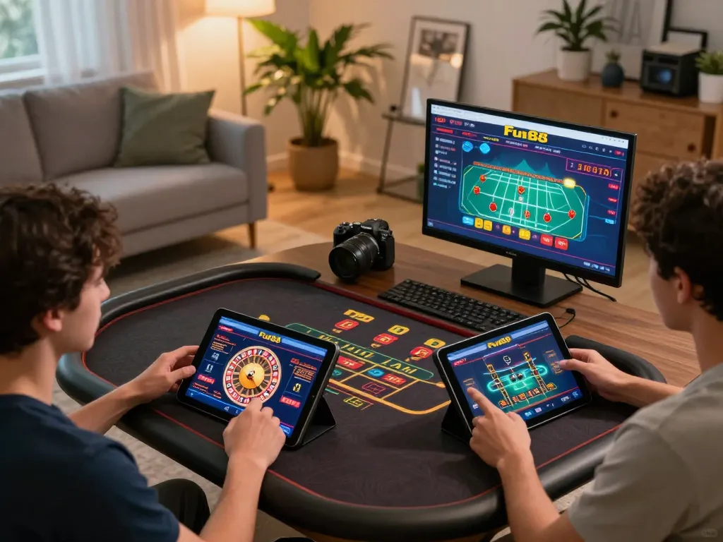 Fun88 users celebrating winning bets while playing online baccarat and roulette in a cozy environment