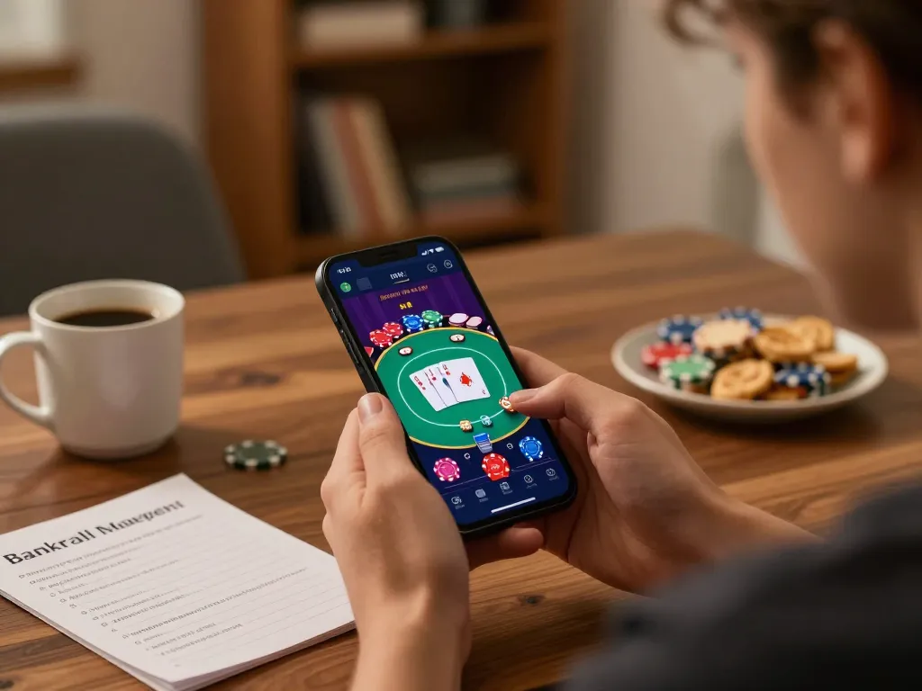 Player enjoying the 79KING casino app on smartphone while managing bankroll notes at home.