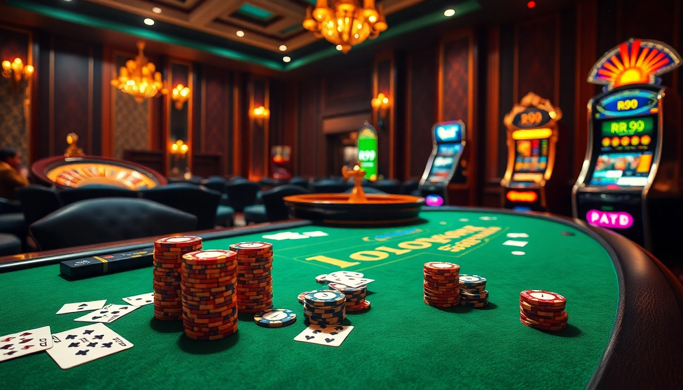 Engage with rr99 betting strategies at a luxurious casino table filled with chips and cards.