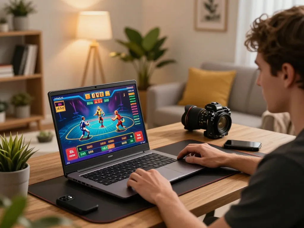 EE88 player engaged in live dealer games on laptop in a cozy home setting, showcasing vibrant action.