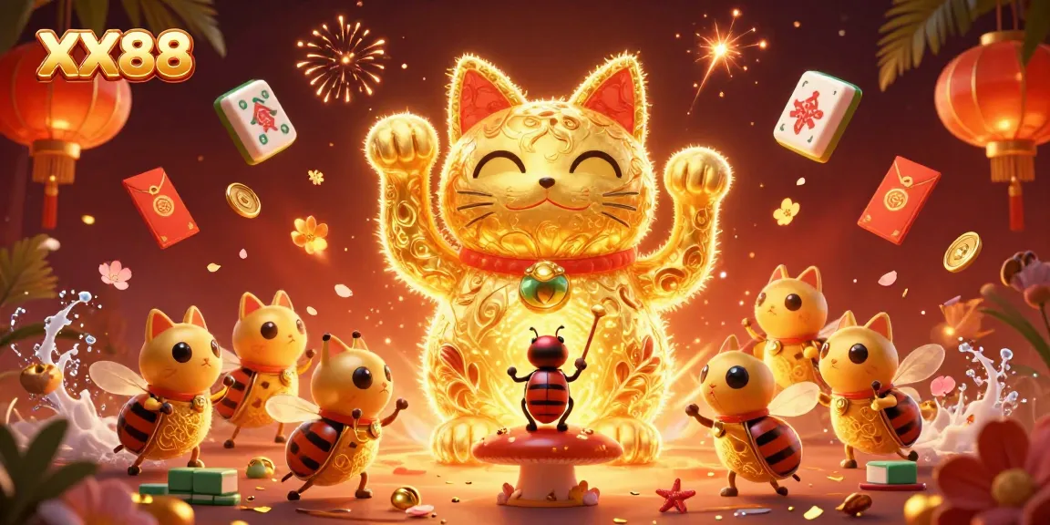 Play at XX88 with vibrant casino elements and a waved lucky cat illustration.