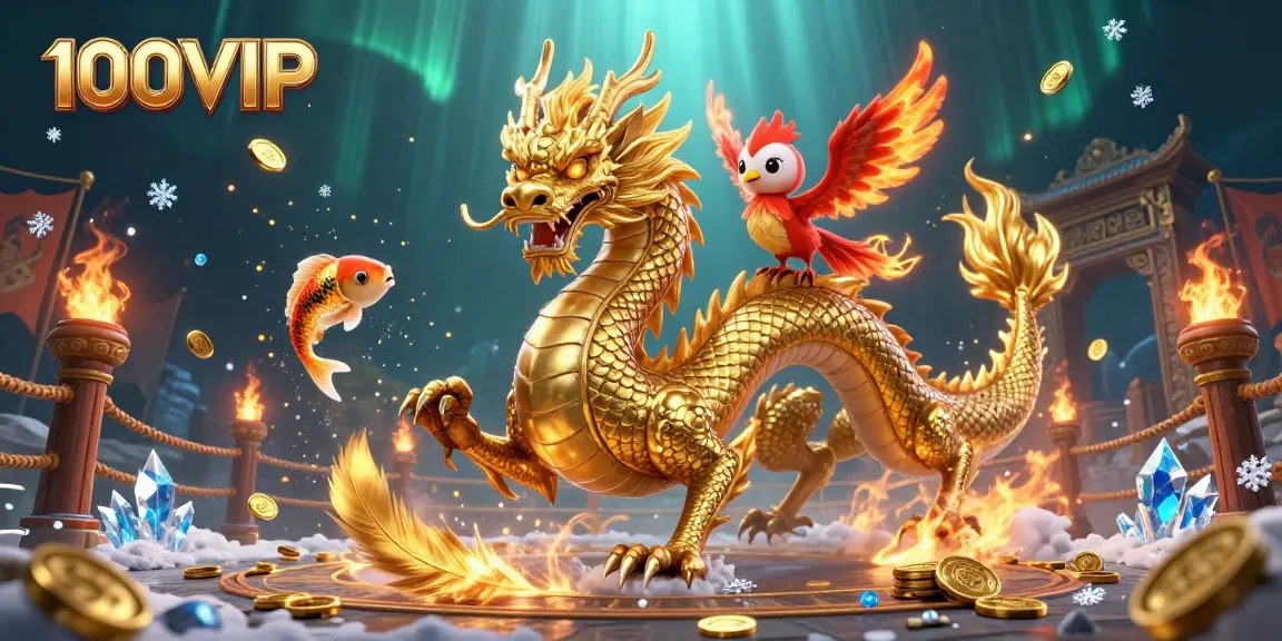 100VIP showcases a vibrant dragon and phoenix illustration amid shimmering coins and gambling elements.