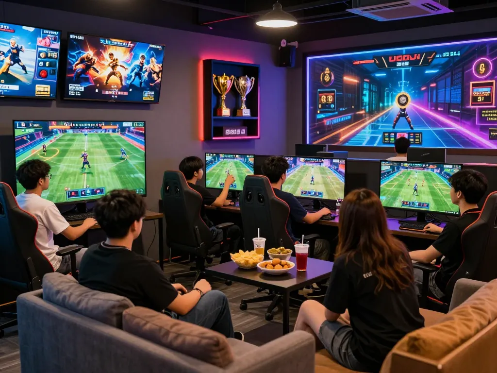Exciting online gaming experience at trang chủ Goal123 with friends enjoying competitive sports games in a vibrant lounge atmosphere.