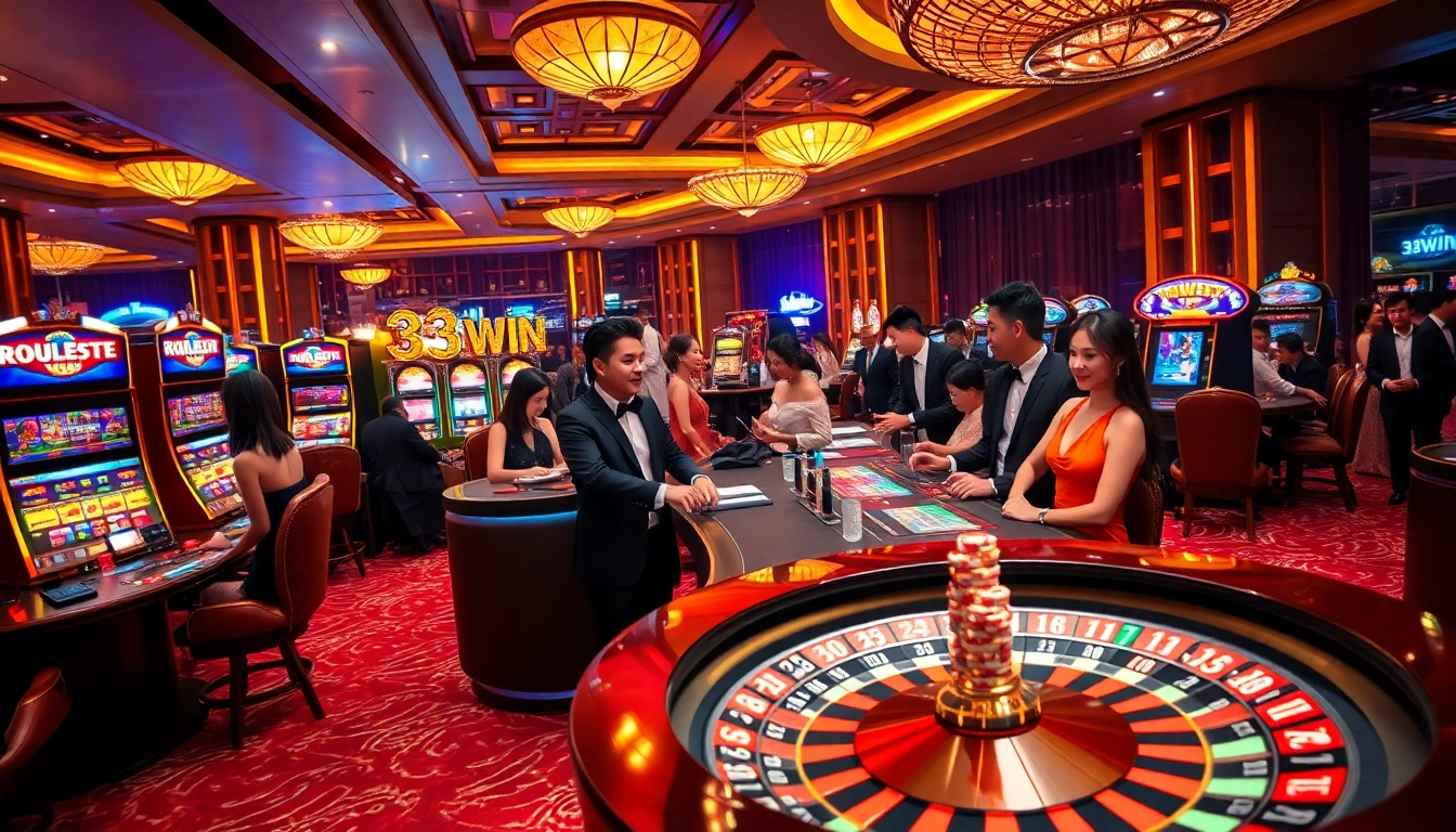 Exciting gaming action at 33WIN trang chủ with players enjoying thrilling table games and slot machines.