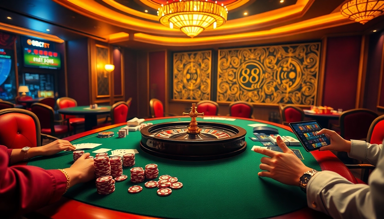 A vibrant casino scene featuring 88bet poker chips, roulette wheel, and excited players.
