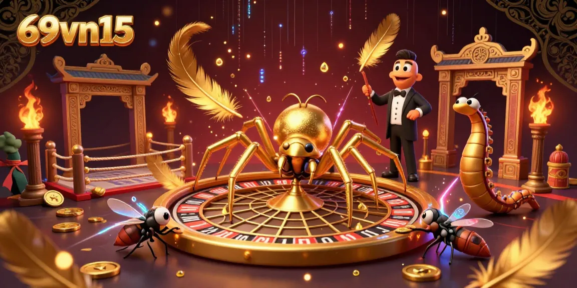 Engage with 69vn15 as a golden spider spins a roulette web, surrounded by a vibrant casino atmosphere.
