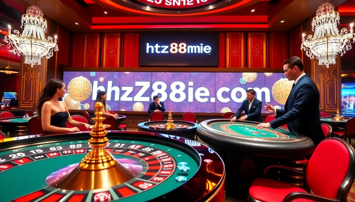 Experience an electrifying casino scene at https://hz88mie.com/ with poker tables and vibrant decor.