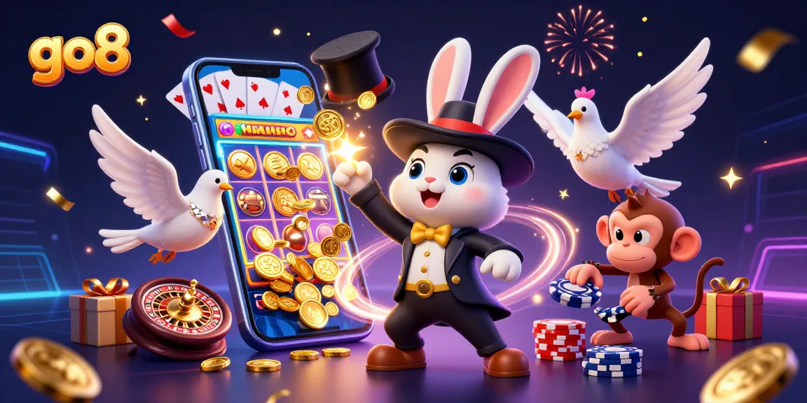 Go8 celebrate with a magician pulling coins, slot games, and poker chips in an energetic casino scene.