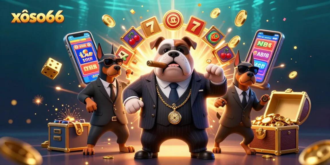 Xôso66 unleashes excitement with a dynamic 3D casino scene featuring a mafia bulldog and slot machine